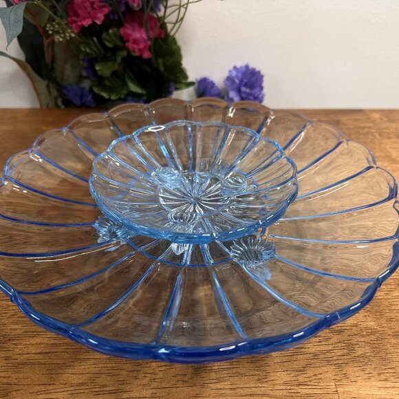 Vintage Blue Glass 3-Footed Dish Set Retro Ribbed Pattern Decorative Bowl - Picture 9 of 9